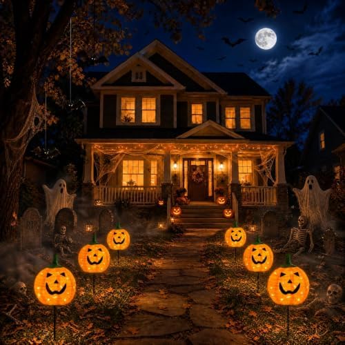 Solar Halloween Pumpkin Lights, 4 Pack Outdoor Pathway Stake Lights