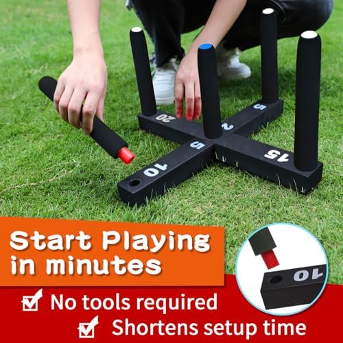 Ring Toss Game Indoor & Outdoor Game for Family and Adults with 5 Poles, 2 Bases and 16 Rings in 4 Colors, Soft Foam Toy Backyard Ring Toss Fun