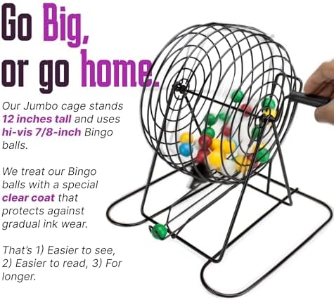 Royal Bingo Supplies Jumbo 12" Tall Bingo Game Set for Adults, Seniors, Family & - 100 Cards 500 Chips 75 Balls, XL Roller Cage & Board