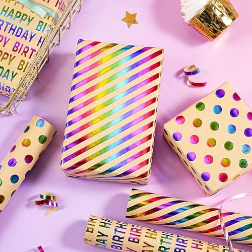 WRAPAHOLIC Kraft Birthday Wrapping Paper Roll - 3 Mini Rolls - 17 Inch x 120 Inch Per Roll - Rainbow Foi Happy Birthday Wrapping Paper for Boys Girls Kids, Baby Shower