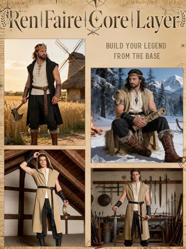 Verceco Mens Pirate Costume 8PCS Renaissance Sleeveless Shirt Ankle-Banded Pants Sash Belt & Accessories LARP Cosplay