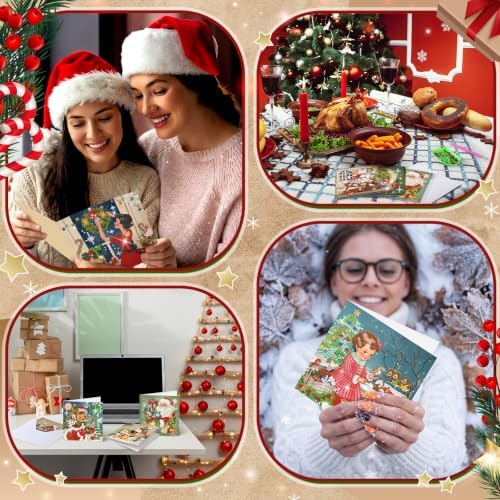 Saillong 12 Pack Vintage Christmas Diamond Painting Greeting Card Kits DIY Retro Christmas Diamond Art Cards with Envelope Xmas 5D Rhinestones Painting Kit for Adults DIY Craft Family Friend Xmas Gift