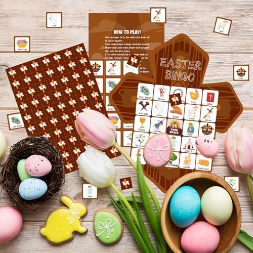 YQUQWN Easter Bingo Game Religious Bingo Cards 24 Players Easter Party Supplies Cross Shaped School Classroom Activities Party Games Favors