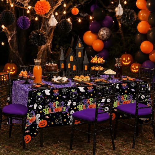 2 Pack Halloween Tablecloth, 54 x 108 Inch Disposable Plastic Table Cover, Purple Halloween Party Decorations for Halloween Decor Party Supplies