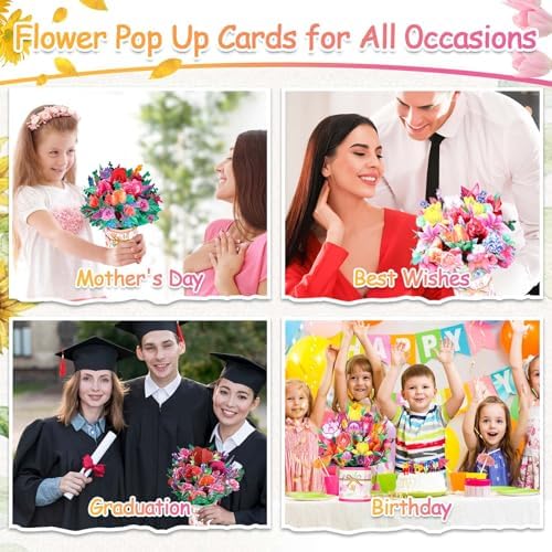 4 Pack Paper Flower Pop Up Cards, Flower Birthday Card Popup 3D Greeting Gift Cards for Mother's Day, Graduation, Anniversary, Get Well, Thank you Cards for All Occasions with Envelope and Note