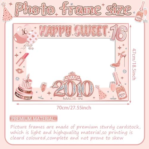 Sweet 16 Party Decorations for Girls, Sweet 16 Photo Booth Props Pink Rose Gold 16th Birthday Selfie Props with Photo Frame Kit Sweet Sixteen Happy Birthday Party Decorations Supplies Favors
