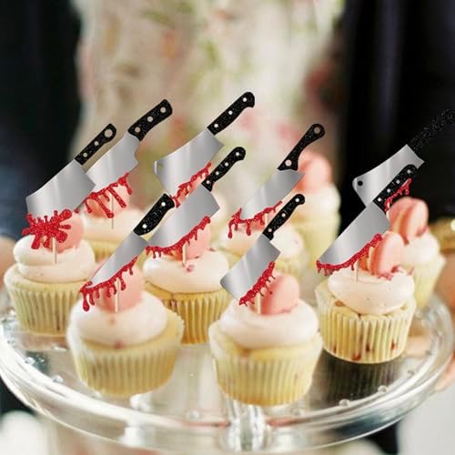 Rsstarxi 24 Pack Halloween Blood Knife Cupcake Toppers Glitter Blood Knife Cupcake Picks Blood Splatter Knife Cake Decorations for Horror Crime Scene Halloween Birthday Party Cake Decorations Supplies