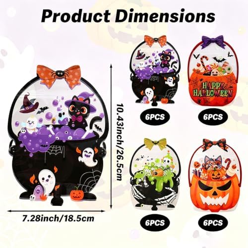 Halloween Treat Bags 24 PCS Plastic Flat Bottom Ziplock bags with Handle(7.3x10.4 Inch) Halloween Trick or Treat Bag Candy Goodie Snack Goody Gifts Wrap Pumpkin Ghost Spooky Party Favors Supplies