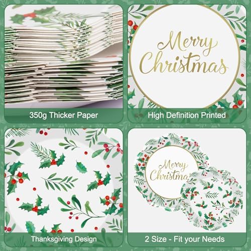 24 Pcs Merry Christmas Paper Plates Set - Disposable Round Christmas Plates, Holly Leaf Red Berry Dinner Dessert Plate Paper Dinnerware Kit for Winter Xmas Party Table Decorations Supplies Favors