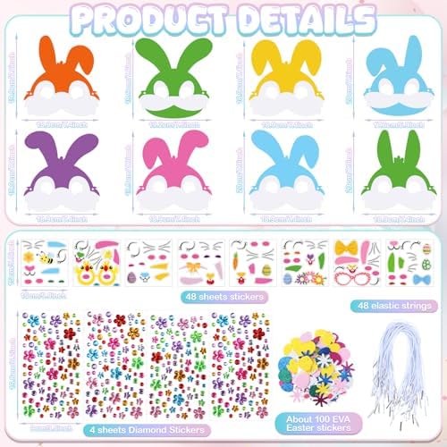 Funrous 48 Sets Crafts Kit Paper Crafts DIY Make Your Own Hanging Ornaments with Pompoms Diamond Stickers for Holiday Classroom Activities Party Favors, Easter Mask