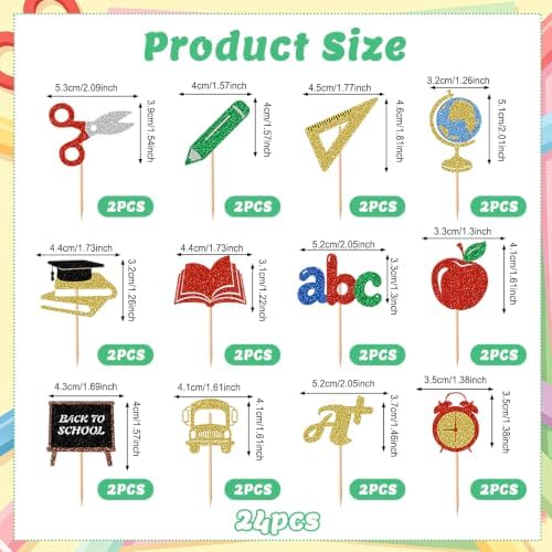 24Pcs Back to School Cupcake Toppers, Glitter School Cake Decorations