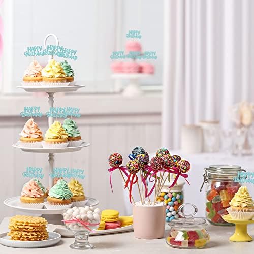 Gyufise 24Pcs Happy Birthday Cupcake Toppers Glitter Birthday Cupcake Food Picks for Celebrating Happy Birthday Party Cake Decorations Supplies Light Blue