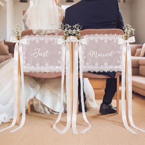 Breling 2 Pcs Lace Wedding Chair Sign Back Banner, White, Just Married4