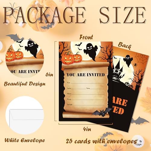 Halloween Party Invitations, Hunting House Invites Cards With Envelopes, Fall Holiday Celebration Favors Supplies, 25pcs Invitation Card for Halloween Wedding Birthday Baby Shower -09