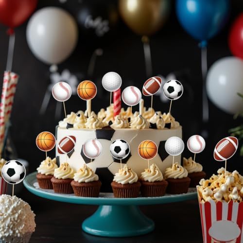 Hooqict 40Pcs Sports Cupcake Toppers Football Soccer Basketball Baseball Golf Ball Cake Topper Decorations Cupcake Picks for Kids Boys Men Game Day Sports Themed Birthday Party Decorations