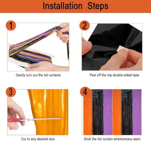 2 Pack Halloween Backdrop Orange Black Purple Foil Fringe Curtains.