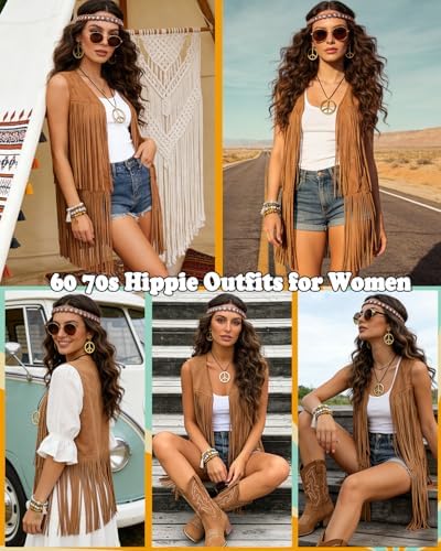 60s 70s Outfit for Women Hippie Costume Clothes Fringe Vest Accessories