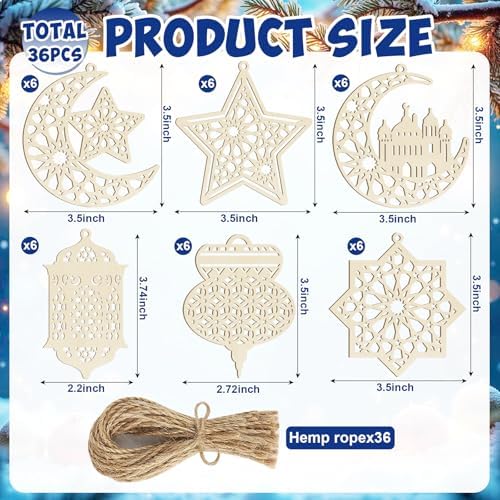 36PCS Wooden Ramadan Decorations Eid Islam Mubarak Ornaments Mubarak Hanging Hollow Pendant to Paint, DIY Blank Unfinished Wood Moon Cutouts Crafts Hanging Al Adha Star Lantern for Muslim Festive