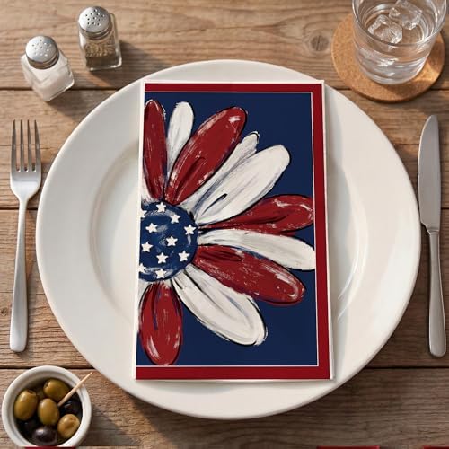 4th of July Disposable Paper Napkins, 200 Pcs Patriotic Flower Napkins for Bathroom Paper Towels for Guests, Red White Blue Napkins for Independence Day Memorial Day Patriotic Party Supplies