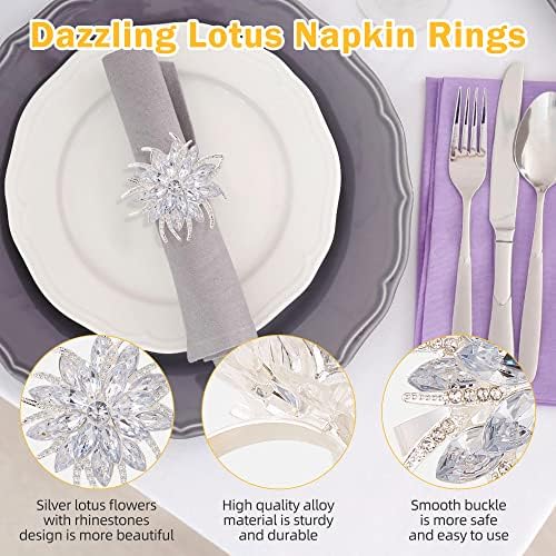 ZeeDix Christmas Flower Napkin Rings Set of 8, Silver Lotus Elegant Rhinestone Napkin Ring Serviette Buckles Holder for Wedding Birthday Christmas Holiday Party Home Kitchen Dinner Table Decoration