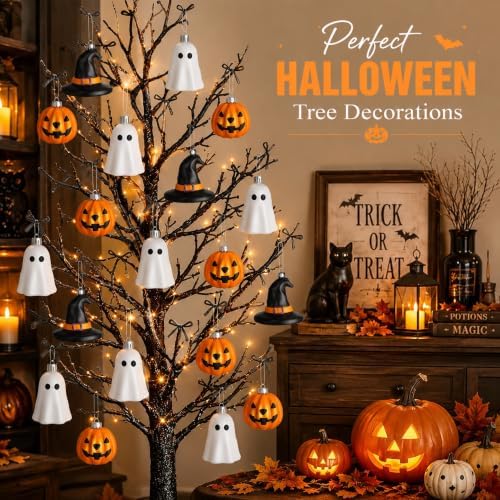 VioraWhite 30 Pcs Halloween Hanging Ornaments Cute Sliver Ghost, Gold Pumpkin and Witch Hat Lantern Home Decoration Mini Plastic Halloween Tree Decorations for Holiday Party Decor