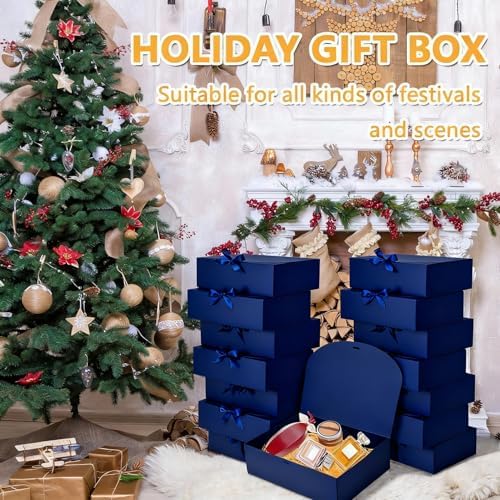 12Pack Navy Gift Boxes with Lids, 12×9.8×3.1 Inch Groomsmen Proposal Box, Luxury Navy Gift Box with Ribbon for Wedding, Birthday, Party, Christmas, Bridesmaid, Graduation Gift