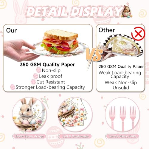 96 Pieces Easter Bunny Eggs Paper Plates and Napkins, Spring Floral Rabbit Disposable Tableware with Plates Napkins Forks for Spring Easter Party Supplies, Baby Shower Birthday Party Decor - Serves 24