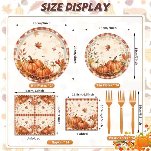 96 Pieces Fall Pumpkin Plates and Napkins, Autumn Thanksgiving Theme Maple Leaf Disposable Tableware with Paper Plates Napkins and Forks for Autumn Harves Thanksgiving Party Supplies - Serves 24