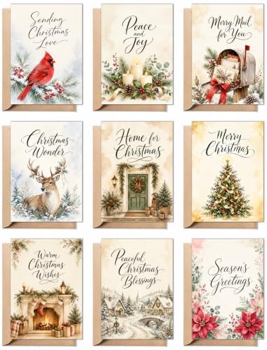 Christmas Cards with Envelopes, 18 Folded 5x7 Watercolor Holiday Cards Bulk