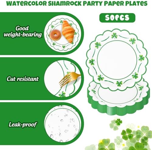 JarThenaAMCS 50 Pcs St. Patrick's Day Paper Plates Scalloped Disposable Plate Green Shamrock Clover Decorative Tableware for Irish Holiday Party Decor Supplies, 9 In