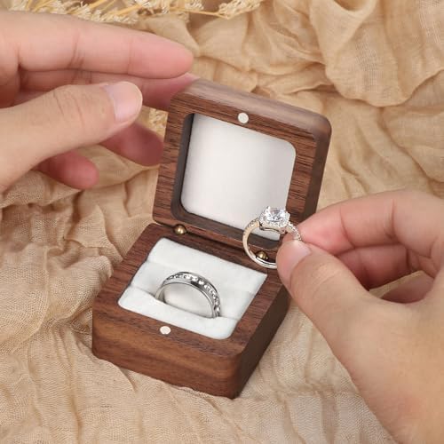 Wooden Ring Box, Engagement Ring Box with 2 Slots, Square Wedding Ring Holder Box, Small Ring Holder Box for Wedding, Proposal, Ceremony(White Inner without window)