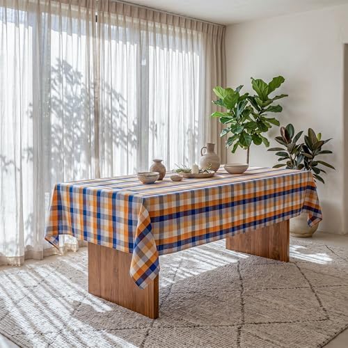 Fall Plaid Waterproof Tablecloth – Orange, Blue & White Check Pattern – Thanksgiving Harvest Table Cover, Stain-Resistant & Durable, W60 x L60 in
