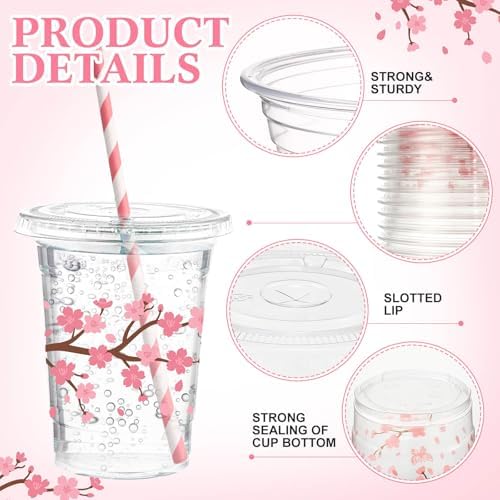Funnymoom 50 Sets Pink Cherry Blossom Party Supplies Cherry Blossom Plastic Cups with Lids and Straws 16 oz Clear Floral Disposable Drinking Cups Bulk for Spring Birthday Baby Shower Party Supplies