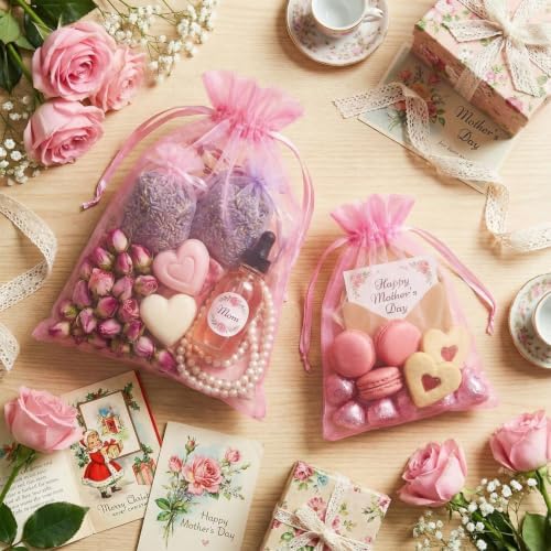 FUNFERY 100PCS Pink Organza Gift Bags 5x7in,Drawstring Pouch for Jewelry