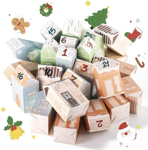 DIY Empty Advent Calendar, 24 Cardboard Treasure Boxes with 1-24 Number Stickers Christmas Countdown Calendar for Xmas Holiday Decor