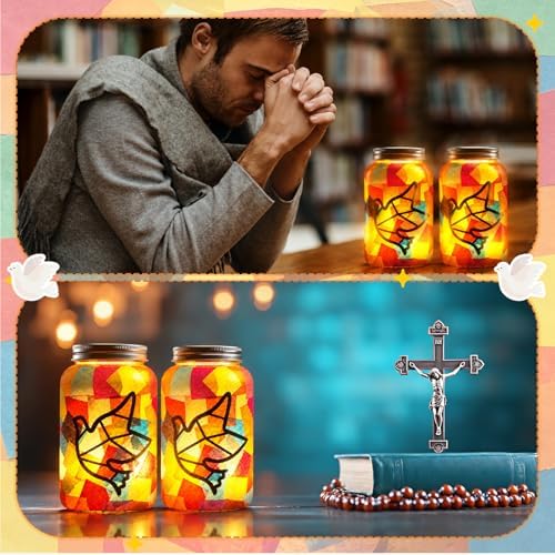 Qinyoung 12 Pcs Religion Dove Crafts Mason Jars Tissue Paper Crafts with LED Candle Light DIY Suncatchers Decoration Make Your Own VBS Mason Jars Supplies for Sunday School Projects Activity