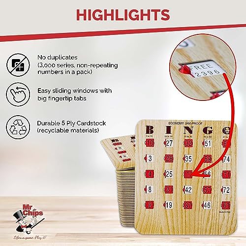 MR CHIPS Jam-Proof Bingo Cards with Sliding Windows, 50 Reusable Shutter Cards, 75 Calling Cards 1 Master Board in Tan Woodgrain Style
