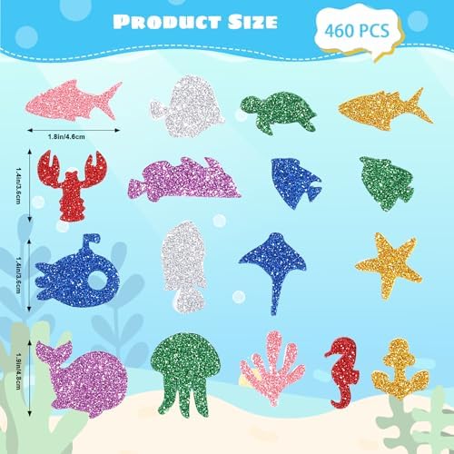 460 Pcs Glitter Sea Animal Foam Stickers, 8 Colors Ocean Sea Fish Stickers