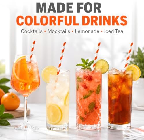 ALINK 100 Orange and White Paper Straws, 7.75 in Striped Spritz Straws