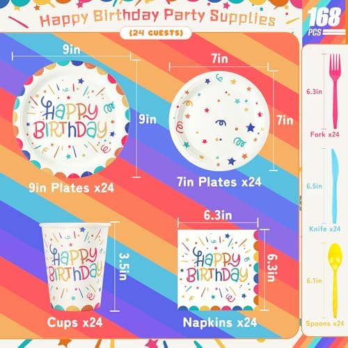 Multicolor Happy Birthday Party Plates Set, 168PCS Birthday Party Supplies
