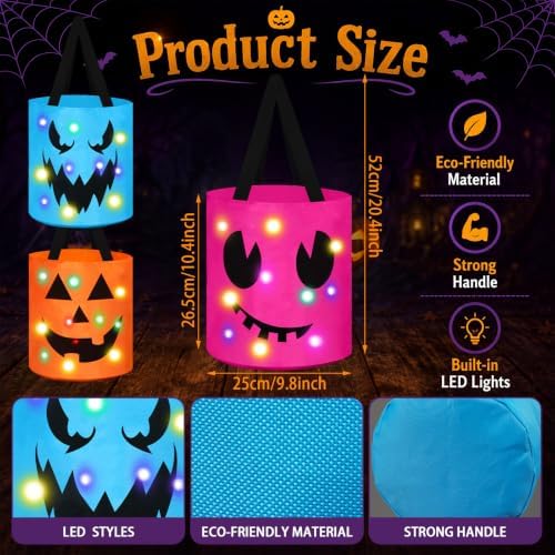 Sadnyy 3 Pcs Halloween Trick or Treat Bag Light Up,Orange,Pink,Blue
