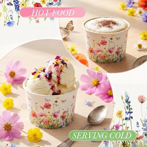 Maxdot 50 Pcs Wildflower Ice Cream Paper Cups 9oz Spring Disposable Snack Cups Decorative Butterfly Paper Dessert Bowls Party Supplies for Yogurt, Cupcakes, Soup Hot Cold Food