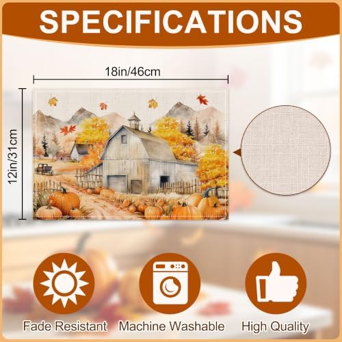 Fall Placemats Set of 4, 12x18 inch - Harvest Farm Thanksgiving Table Decor