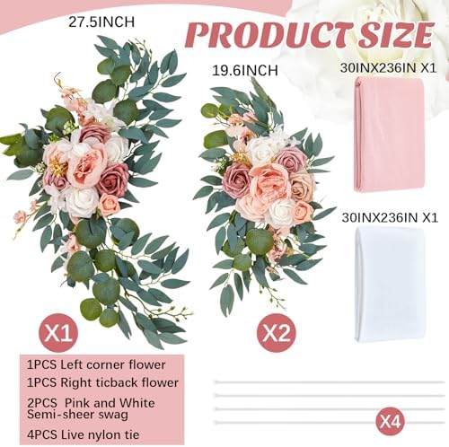 Thiccywoov 4 Pcs Wedding Arch Flowers and Drape Kit Include 2 Artificial Floral Swag and 2 Chiffon Drapes, Faux Flower Set for DIY Wedding Party Reception Ceremony Backdrop Rose Decoration (Pink)