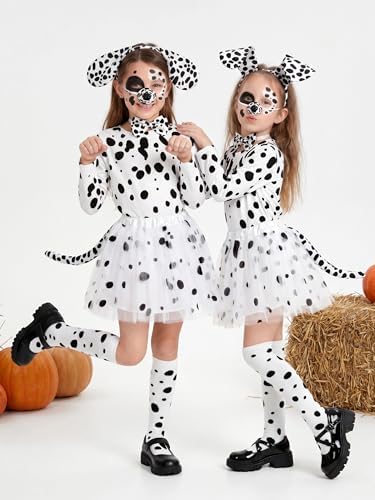 AOTHSO 8 Pieces Halloween Girls Dalmatian Costume Set with Dog Accessories Long Sleeves Tutu Skirt for Kids Cosplay
