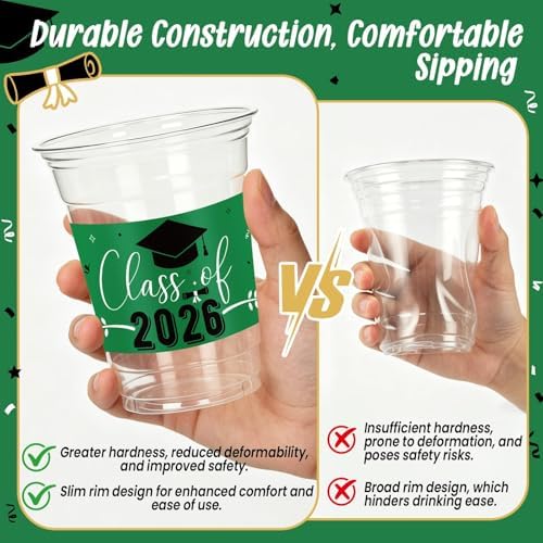100 Pack 12oz Green Graduation Decorations Cups, Class of 2026 Disposable Plastic Cups, Sturdy & Durable Tableware for High School College Grad Party Decorations Supplies