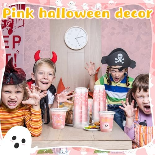 Jingmore 50 Pcs Pink Halloween Ghost Plastic Clear Cups with Lids Straws