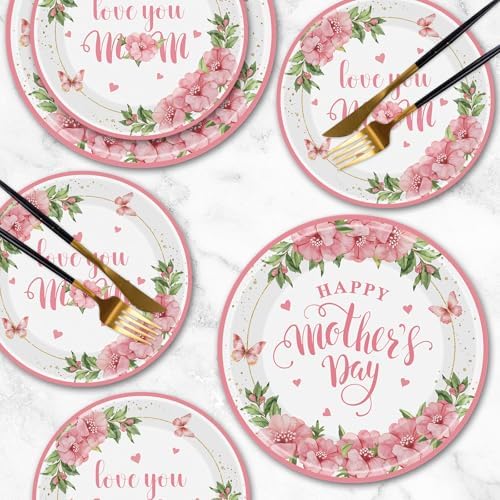 24 Pcs Happy Mother's Day Plates Set - Pink Love You Mom Paper Plate, Disposable Flowers Mothers Day Round Dinner Dessert Plates Tableware for Mother Days Party Supplies Favors Table Decorations