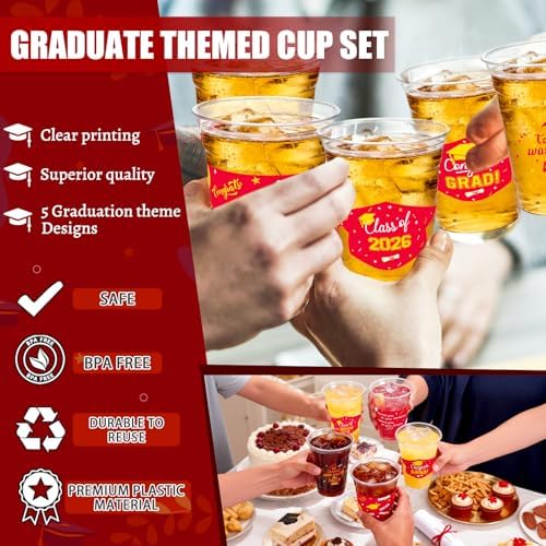 GuassLee Red Gold Graduation Decorations 2026 Party Cups - 100pcs 12 Oz Red and Gold Disposable Graduation Plastic Clear Cups for Drinks Class of 2026 Grad Party Supplies