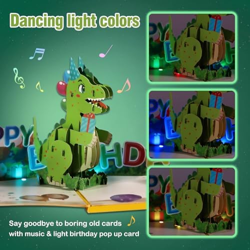 FaCraft Dinosaur Musical Birthday Cards for Kids - Music & Light 3D T-Rex